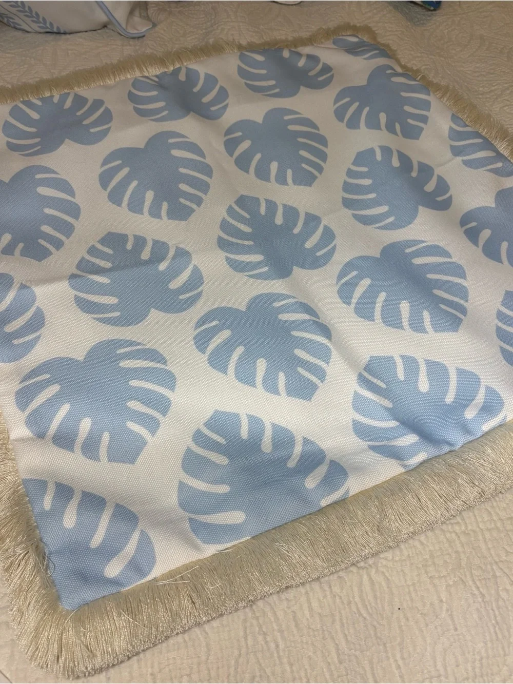Hofdeco Premium Coastal Monstera Leaf Pillow Cover with fringe - Baby Blue 20x20